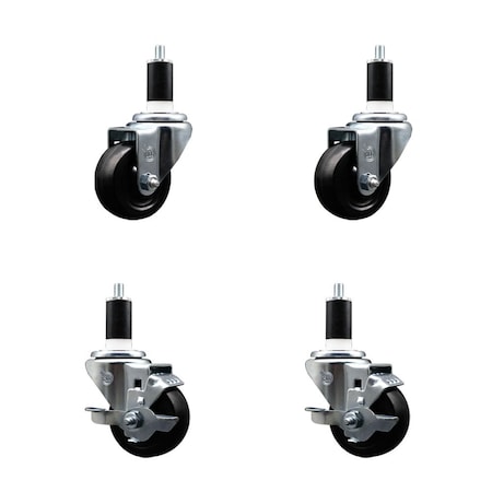Service Caster 3'' SS Soft Rubber Wheel Swivel 1-3/8'' Expanding Stem Caster Set 2 Brakes, 4PK SCC-SSEX20S314-SRS-2-TLB-2-138